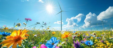 Wind turbines on a sunny field with wildflowers, showcasing renewable energy sources and their coexistence with nature.の素材