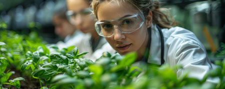 Scientists in a lab developing green technology, surrounded by plants and renewable energy models, pushing forward eco-innovation.の素材