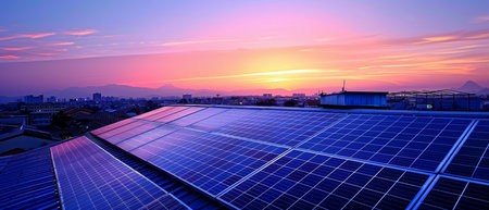 An urban rooftop covered in solar panels, with a cityscape in the background, representing the integration of green energy into metropolitan areas.の素材