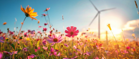 Wind turbines on a sunny field with wildflowers highlight renewable energy and harmony with nature.の素材