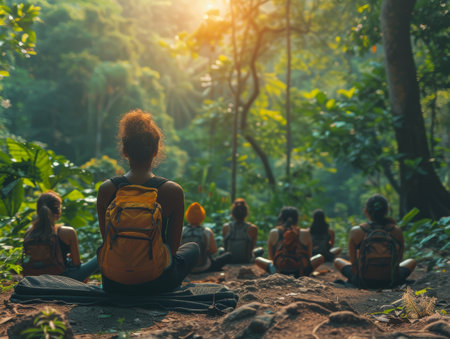 Group meditation in a forest, connecting mindfulness with nature conservation and the mental health benefits of green spaces.の素材