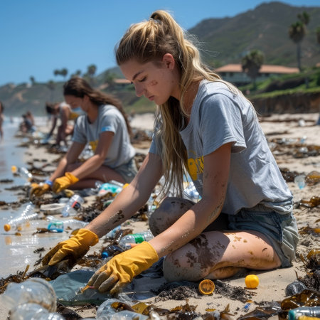 Volunteers collecting plastic waste on a beach, wearing gloves and reusable bags, highlighting ocean preservation and pollution prevention efforts.の素材