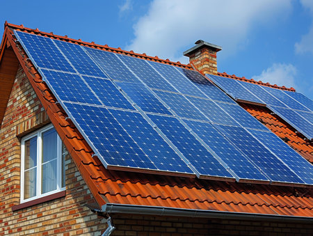 Solar panels atop residential houses with a clear blue sky, illustrating household adoption of clean energy and solar power benefits.の素材