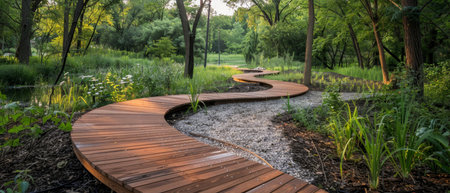 Nature trail in a city park, designed for educational walks focused on local flora and fauna, promoting outdoor activities and conservation.の素材