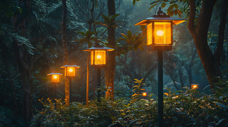 Solar-powered park lights showcase renewable resources for eco-friendly city growth.の素材