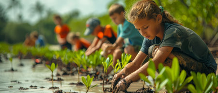 Youth planting mangroves to fight coastal erosion and safeguard marine habitats highlights young people's conservation role.の素材