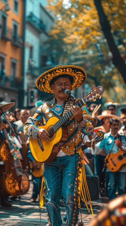 A lively Mexican music band performing in the heart of the city, drawing a crowd with their festive tunes and colorful attire, celebrating Cinco de Mayo.の素材