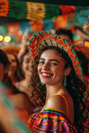 An energetic Cinco de Mayo salsa dance class, participants smiling and laughing as they learn steps, surrounded by decorations of Mexican flags and sombreros.の素材