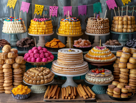 A vibrant display of Mexican sweets and desserts, including churros and tres leches cake, decorated with colorful flags, ready for a Cinco de Mayo feast.の素材