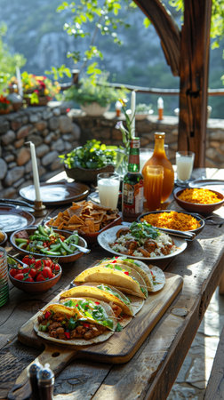 An intimate Cinco de Mayo dinner, a wooden table with Mexican textiles, candles, and homemade tacos and enchiladas.の素材