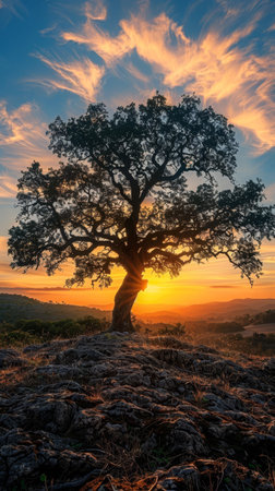 The ancient tree silhouette at sunset showcases tree art, serene forest preservation, and wildlife habitat.の素材
