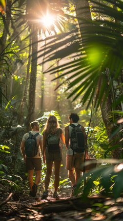 Friends bond in a lush forest while capturing tree photos and appreciating the environment together.の素材