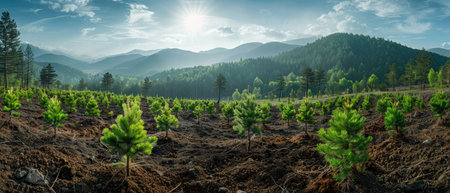 Reforestation effort, wide panoramic shot of newly planted trees in a deforested area, volunteers working together, symbolizing hope for forest preservation.の素材