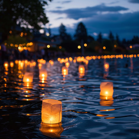 Victoria Day's tranquil lantern release over water signifies community unity and peace on this special night.の素材