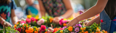 The Victoria Day festival hosts a creative floral wreath making workshop for children and adults outdoors.の素材