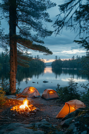 Victoria Day family camping near a lake: tents, bonfire, nature, outdoor adventure, and patriotic celebrations.の素材