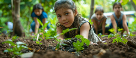 Eco-friendly activity at a school garden: students learning about composting and tree care in an educational and green environment.の素材