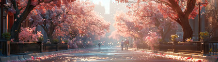 Flowering trees lining a city street, urban beautification and tree care initiative, pedestrians enjoying the blooms, spring dayの素材