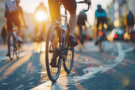 Cyclists participating in a city-wide event to promote cycling as a sustainable mode of transportation, emphasizing community and health benefits.の素材