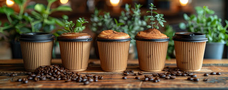 Organic coffee shop that uses biodegradable cups and locally sourced ingredients, emphasizing a commitment to an eco-friendly business model.の素材