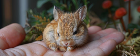 A tiny bunny, its fur meticulously crafted and ears alert, snuggled in the hand, showing lifelike softness.の素材
