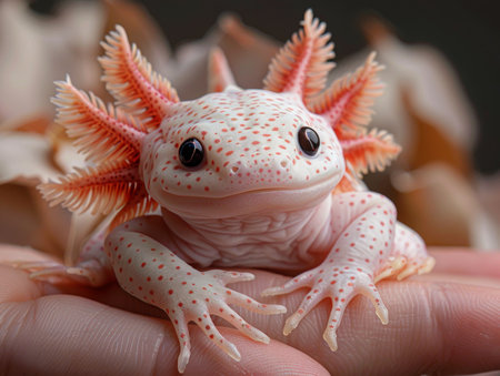 A miniature axolotl, gills fluttering and eyes curious, held above a hand, its magical appearance brought to life with incredible realism.の素材