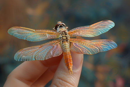 A fragile dragonfly perches on the fingertip, its iridescent wings shimmer in hyper-realistic glory.の素材