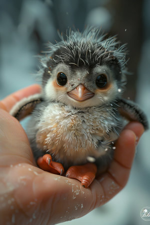 A small penguin chick, fluffy and wide-eyed, cupped gently in both hands, its innocence and curiosity captured in a hyper-realistic style.の素材