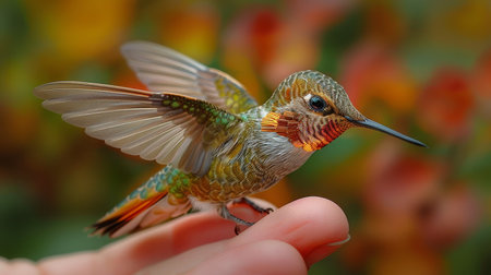 A tiny hummingbird, its wings a blur, perched on a finger's edge with lifelike precision feathers and beak.の素材