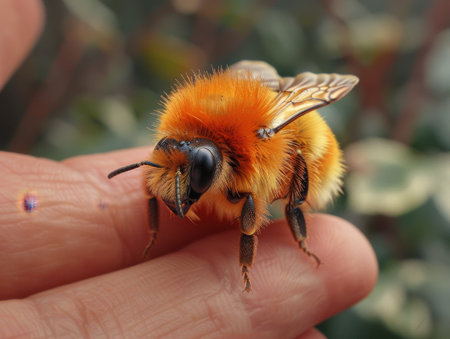 A small bee, wings translucent and body fuzzy, resting on a fingertip, its role in nature highlighted through a hyper-realistic depiction.の素材