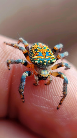 A delicate peacock spider, flaunting vibrant colors and unique patterns, perches on a fingertip, revealing nature's beauty.の素材