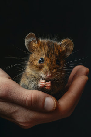 A cozy mouse, whiskers and fur detailed, nestled in a palm, tiny paws and tail depicted realistically.の素材