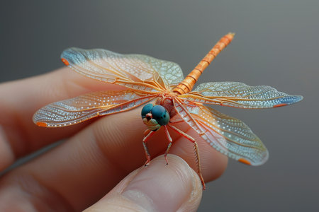 A delicate dragonfly, wings shimmering with an iridescent sheen, balanced on the very tip of a finger, its fragile beauty captured in hyper-realistic detail.の素材