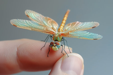 The dragonfly's iridescent wings delicately balanced on a finger, its fragile beauty captured vividly.の素材