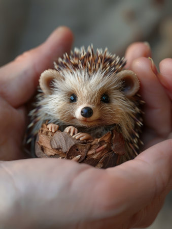 A tiny hedgehog peeks from a palm, its spines detailed with stunning realism.の素材