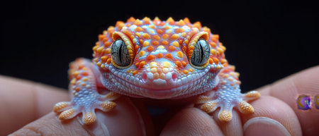 A small gecko, with textured skin and wide eyes, gently held between thumb and forefinger, reveals intricate body patterns in hyper-realistic detail.の素材