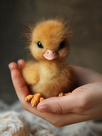 Cradling a tiny duckling with soft feathers and bright eyes, feeling its lifelike warmth and care.の素材
