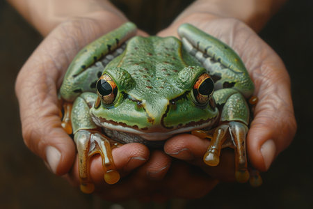 A tiny frog, vibrant green, rests in the palm of a person, its eyes wide open, depicted in a hyper-realistic style.の素材