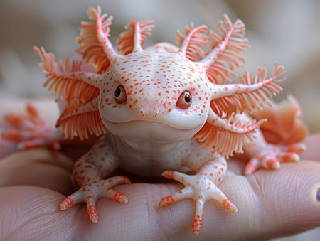 A tiny axolotl, fluttering gills, curious eyes, held above a hand, its magical appearance brought to life with realism.の素材