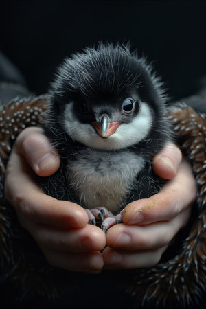 Cradling a fluffy, wide-eyed penguin chick, its innocence and curiosity depicted in hyper-realistic art style.の素材