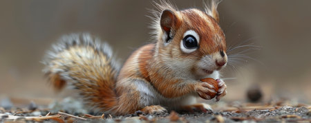 A tiny squirrel, bushy tail, paws clutching a nut, gazes with bright eyes, depicted in hyper-realistic detail.の素材