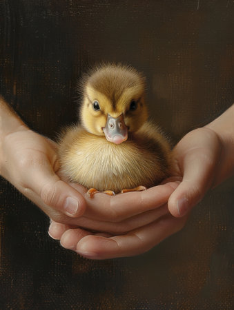 Soft-feathered duckling, cradled gently, exudes lifelike warmth, care, and bright-eyed charm.の素材