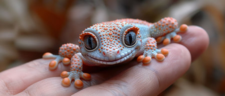A miniature gecko, its skin textured and eyes wide, held gently between thumb and forefinger, showcasing the intricate patterns of its body with hyper-realistic detail.の素材