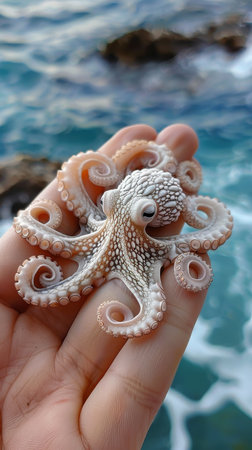 A tiny octopus, tentacles curled and suction cups visible, resting in a person's palm against a backdrop of ocean blue, detailed in hyper-realistic style.の素材