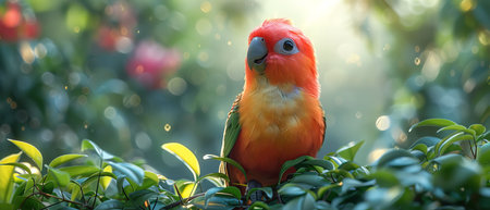 A tiny parrot with colorful feathers, sitting in the palm, looking up curiously, its details sharp and vibrant in a hyper-realistic rendering.の素材