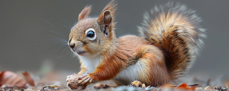 The cute squirrel, with a bushy tail and tiny nut, gazed up with bright eyes in hyper-realistic detail.の素材