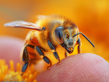 A tiny bee with transparent wings, fuzzy body, perching on a fingertip, showcasing its natural importance vividly.の素材