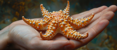 A detailed starfish with spread arms rests on a palm against a sea blue backdrop, depicted hyper-realistically.の素材