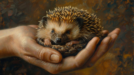 A small hedgehog curled up comfortably in the palm, its spines finely detailed, reflecting a sense of trust and calm.の素材