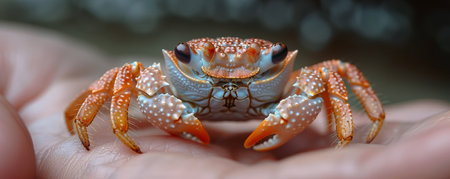 A person's hand holds a vibrant, poised crab, hinting at its coastal home through hyper-realistic detail and texture.の素材
